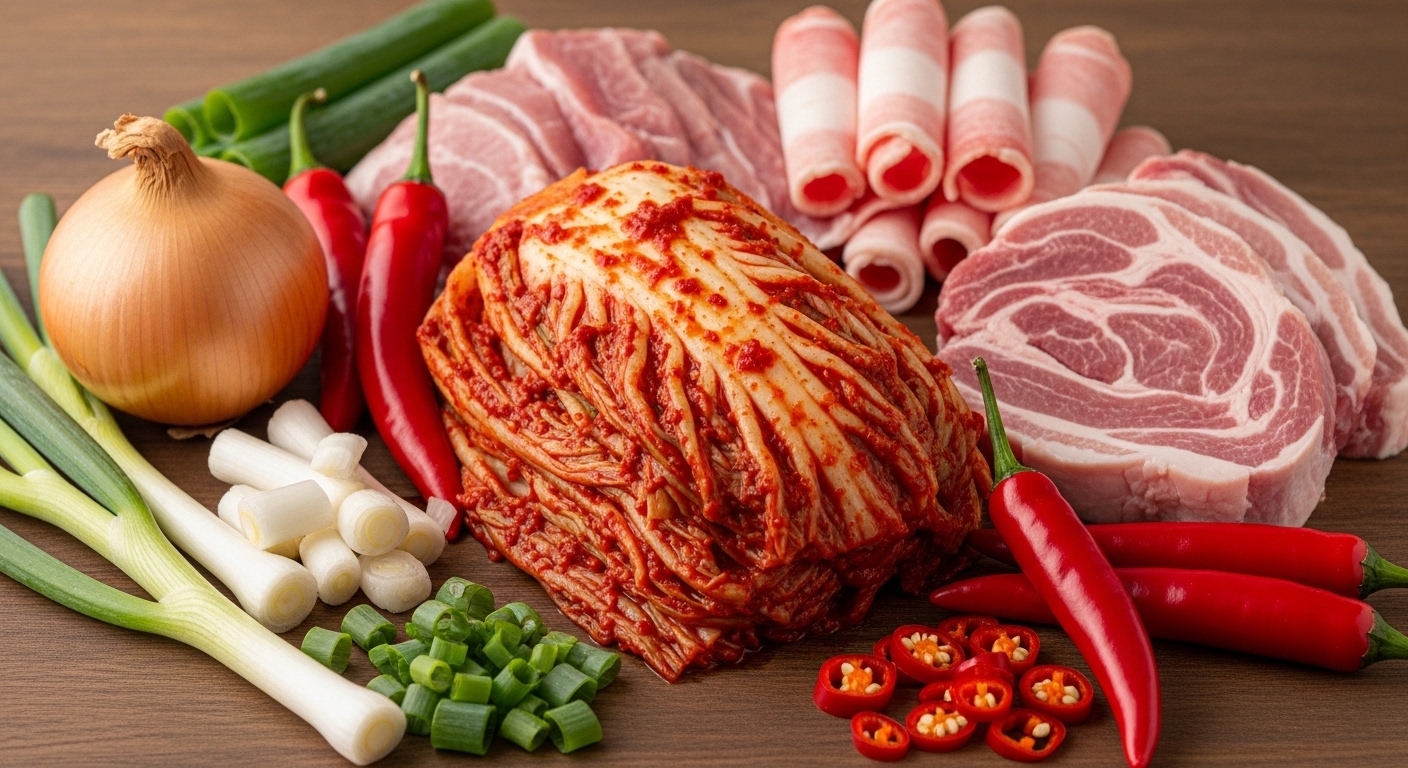 다양한 신선한 재료들이 조리대에 깔끔하게 놓여 있는 모습