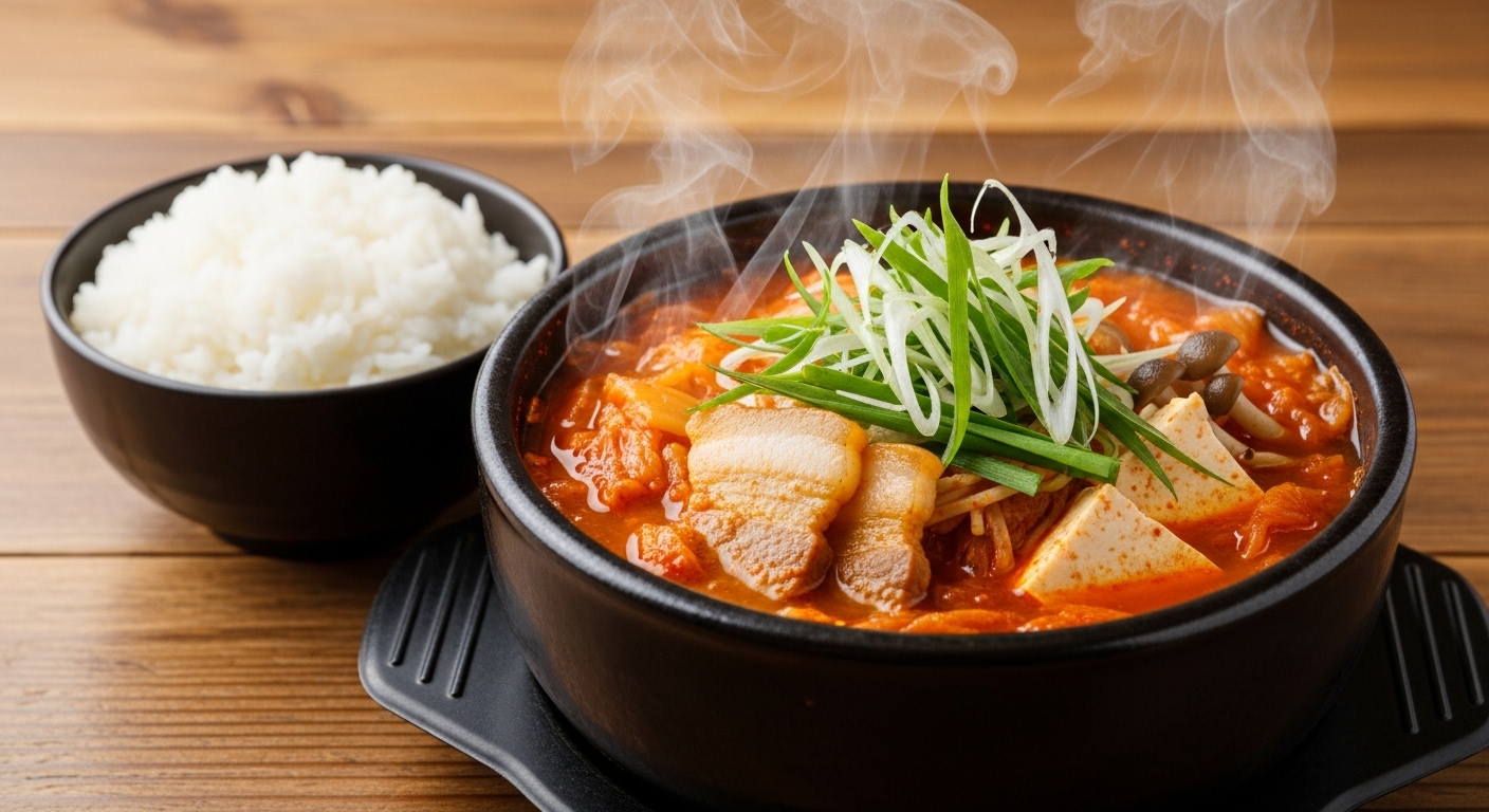 밥과 함께 제공된 완성된 묵은지 찌개가 고명으로 파가 뿌려진 모습