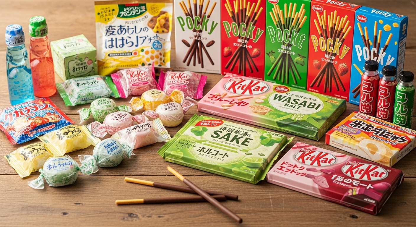다양한 맛의 포키와 킷캣을 포함한 색색의 일본 과자들