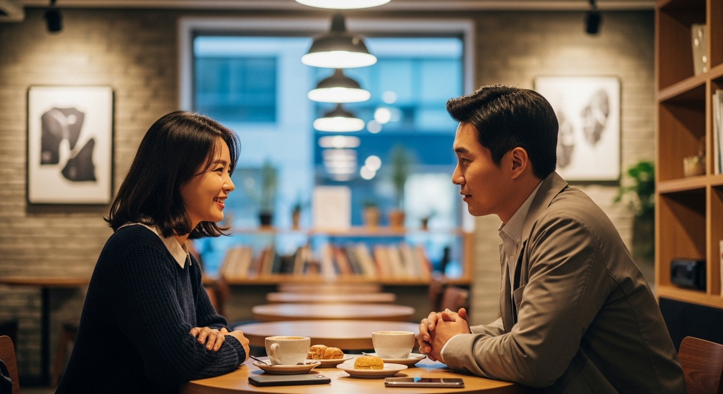 현대적인 카페에서 따뜻한 분위기 속에 앉아 있는 커플