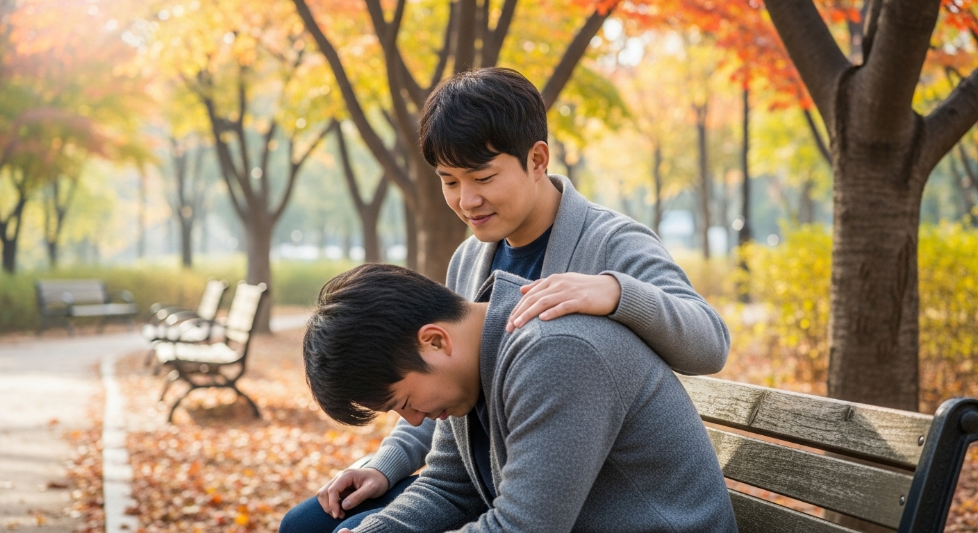 공원 벤치에서 친구를 위로하는 다정한 남성의 모습