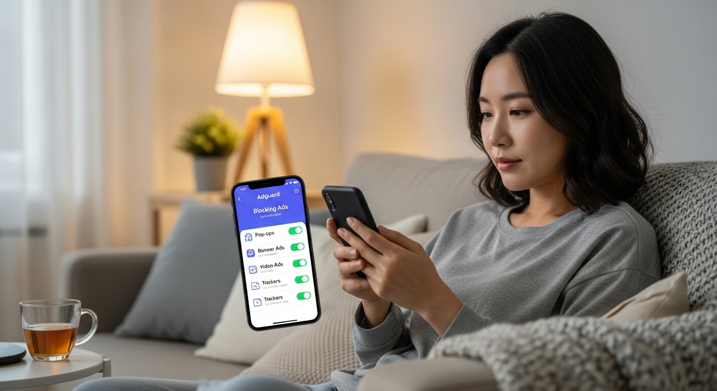 스마트폰에서 AdGuard 앱을 사용하는 여성의 일상적인 모습
