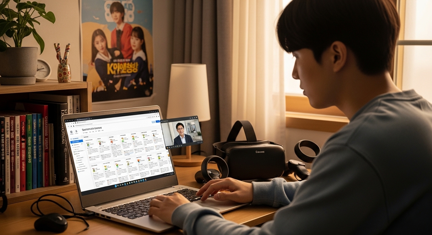 집에서 노트북으로 온라인 시스템을 통해 과목을 선택하는 한국 학생의 모습