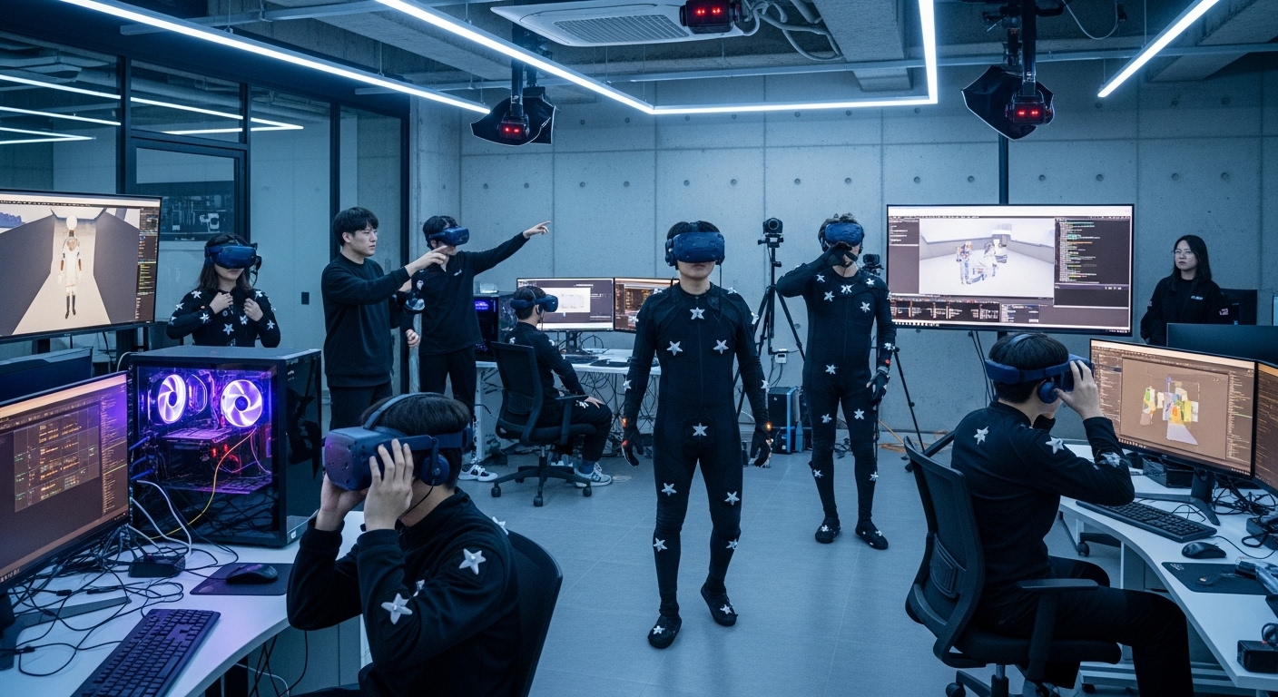 첨단 기술 실험실에서 VR 헤드셋과 모션 캡처 슈트를 사용하는 한국 대학생들