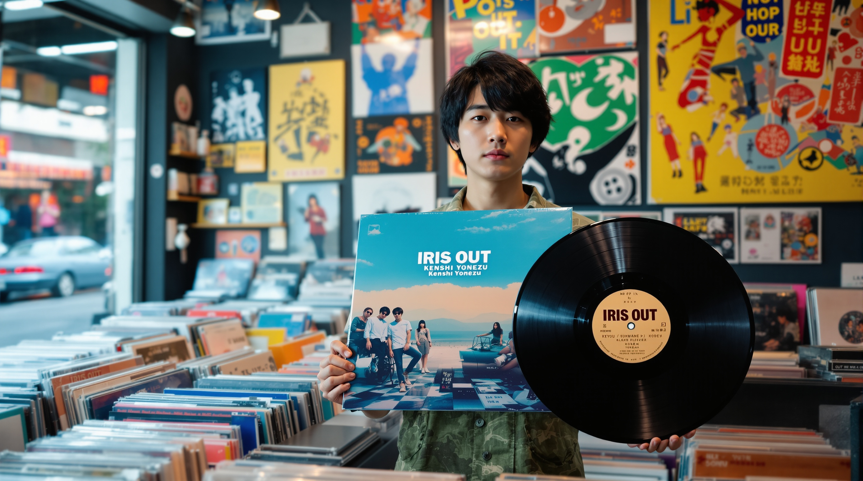 서울의 트렌디한 음반 가게에서 요네즈 켄시의 'IRIS OUT' 바이닐을 들고 있는 현대적인 음악 애호가