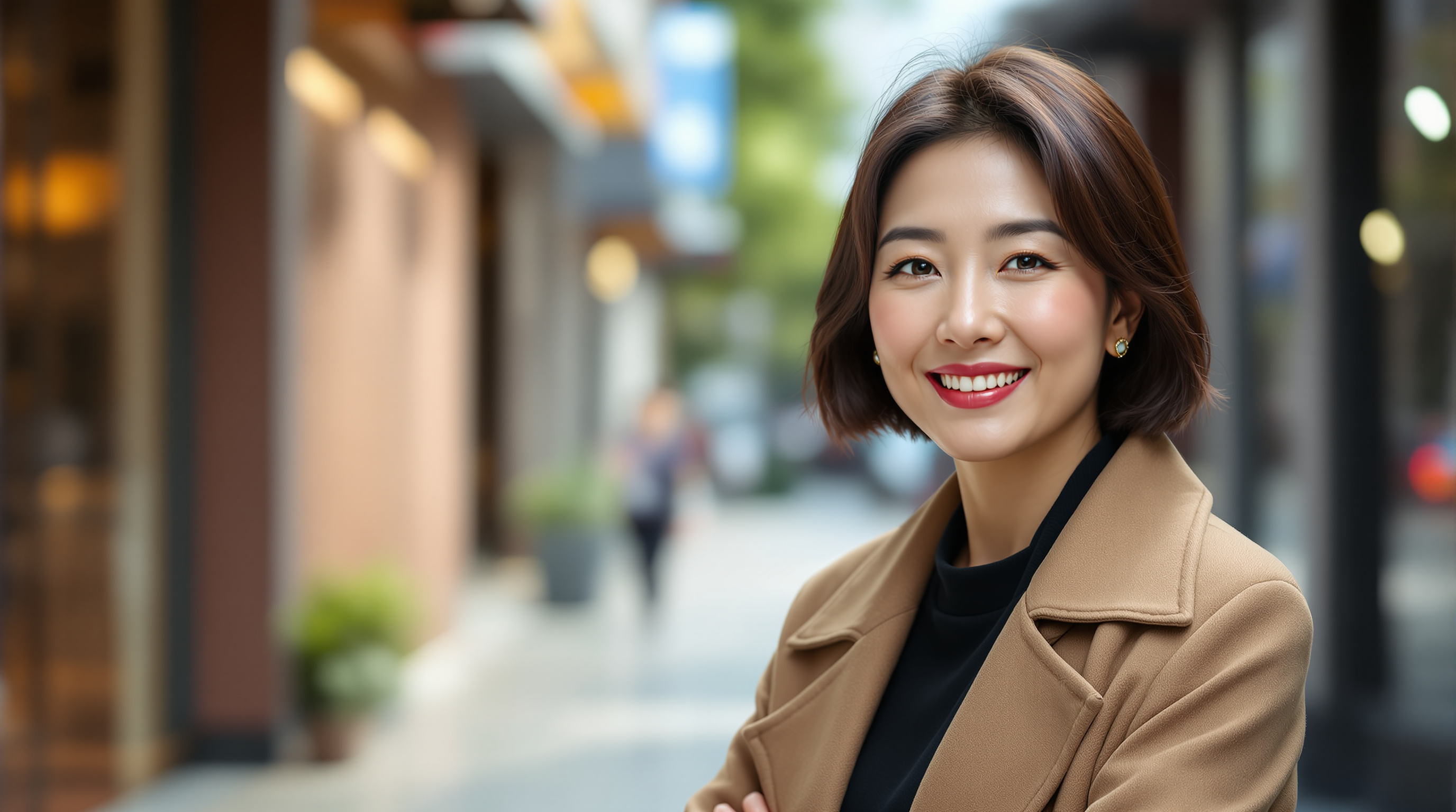 중년 여성이 세련된 모습으로 도시 배경 앞에 서 있는 장면