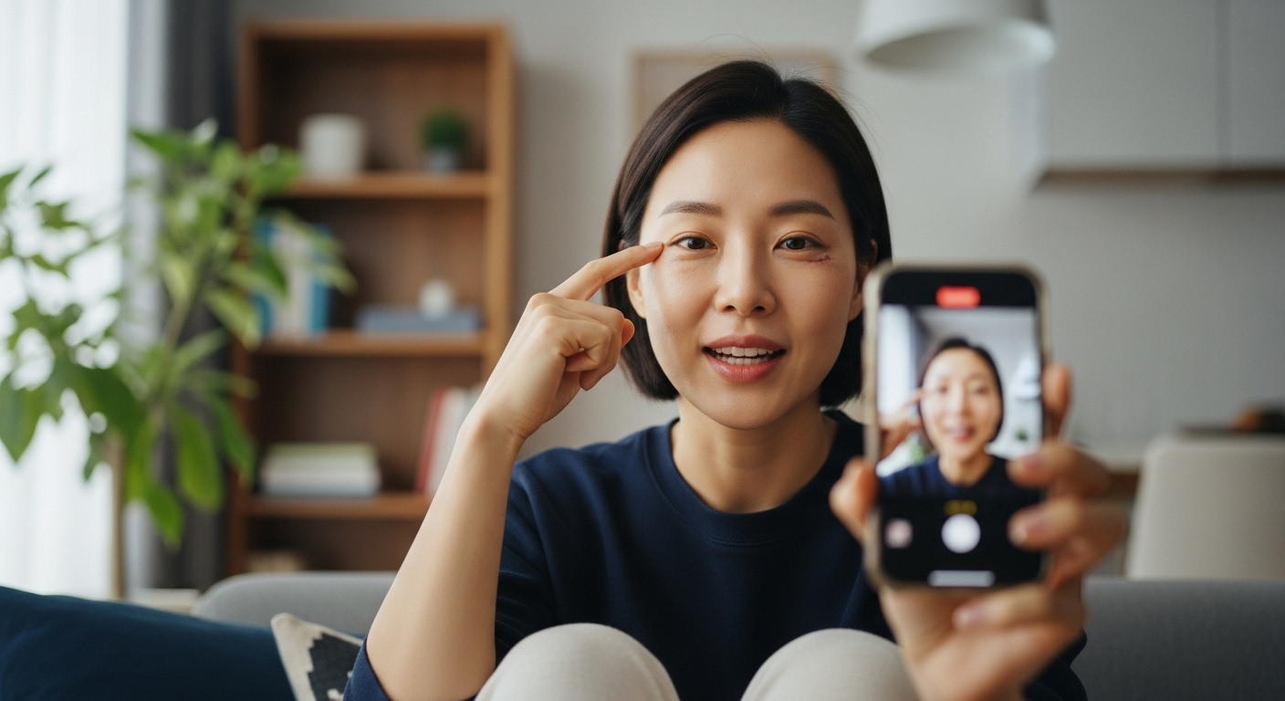 현대 여성이 스마트폰으로 자신의 성형 경험을 SNS에 공유하는 모습