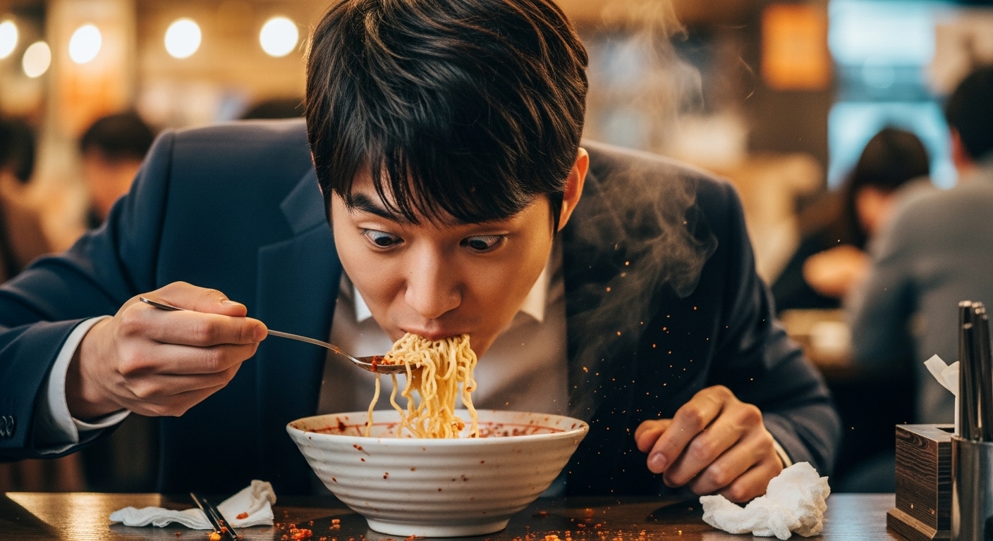 식당에서 배우가 국수를 먹으며 국물이 튀는 장면
