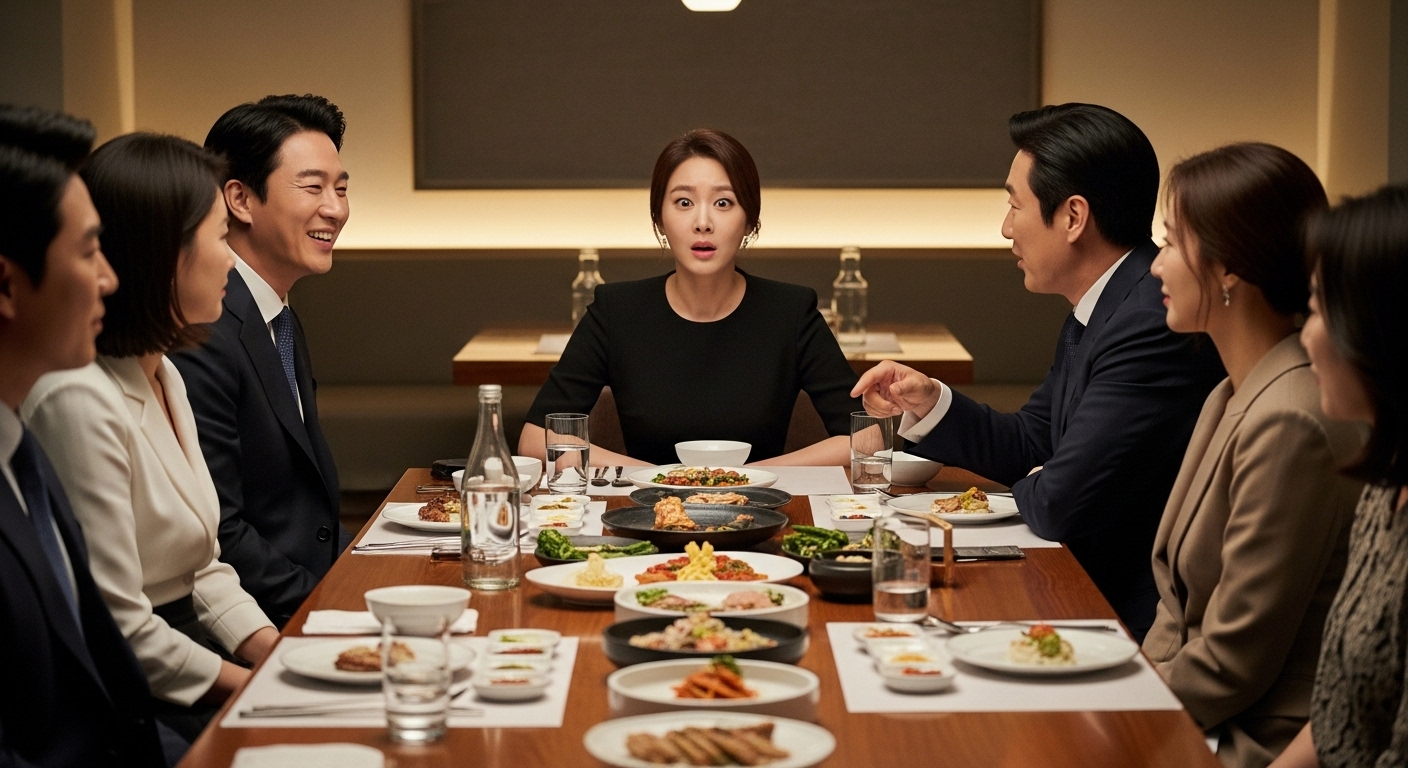 유명인들이 함께 식사 중 한 명이 당황스러워 보이는 모습