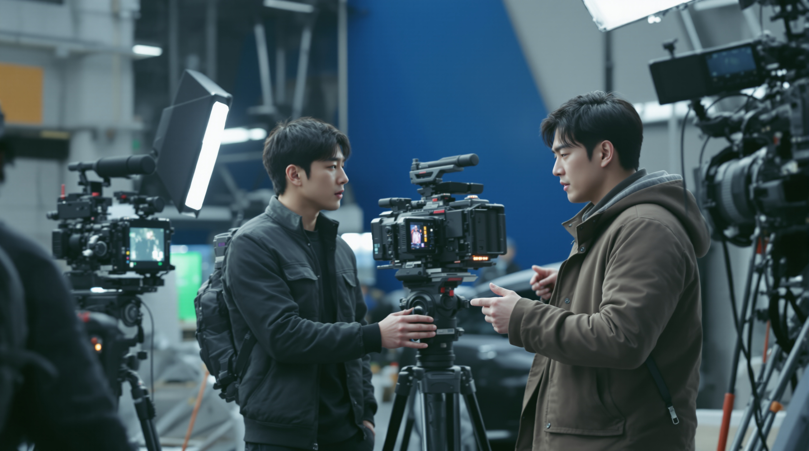 배우 지창욱과 도경수가 드라마 '조각도시' 촬영장에서 장면을 논의하는 모습