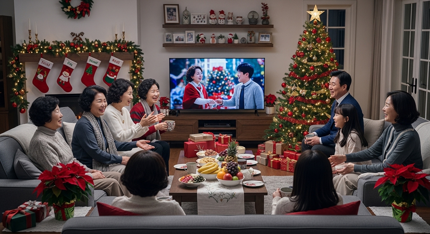 연말 분위기 속 TV 앞에 모여 있는 가족들의 즐거운 모습