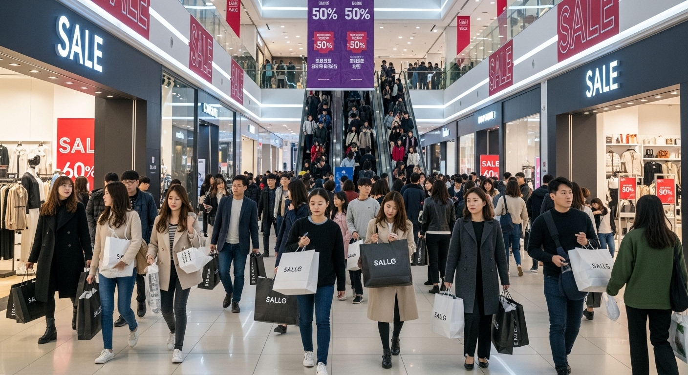 현대적인 쇼핑몰에서 11월 대규모 세일을 즐기는 사람들