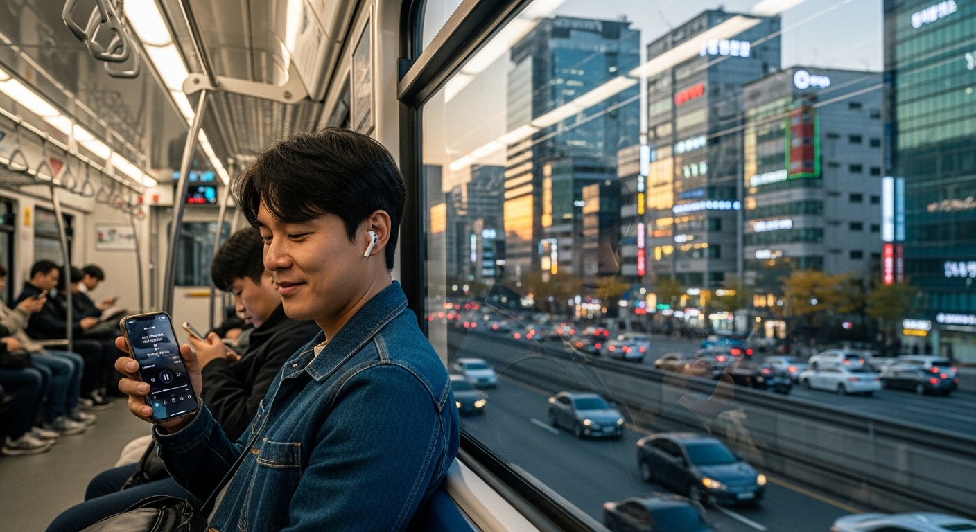 지하철에서 이어폰을 끼고 스마트폰으로 오프라인 음악을 듣는 한국의 출퇴근족