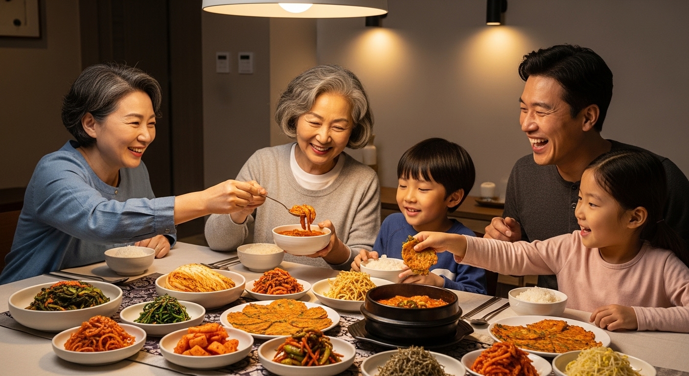 가족들이 모여 따뜻한 분위기 속에서 집에서 만든 다양한 종류의 김치를 즐기는 장면