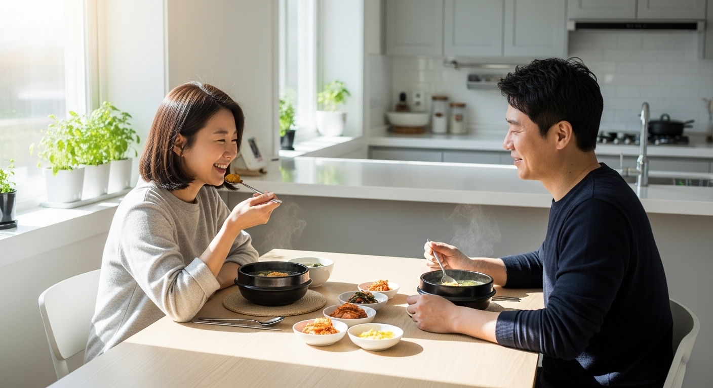 현대적인 주방 테이블에서 신혼부부가 성게 미역국을 즐기는 모습