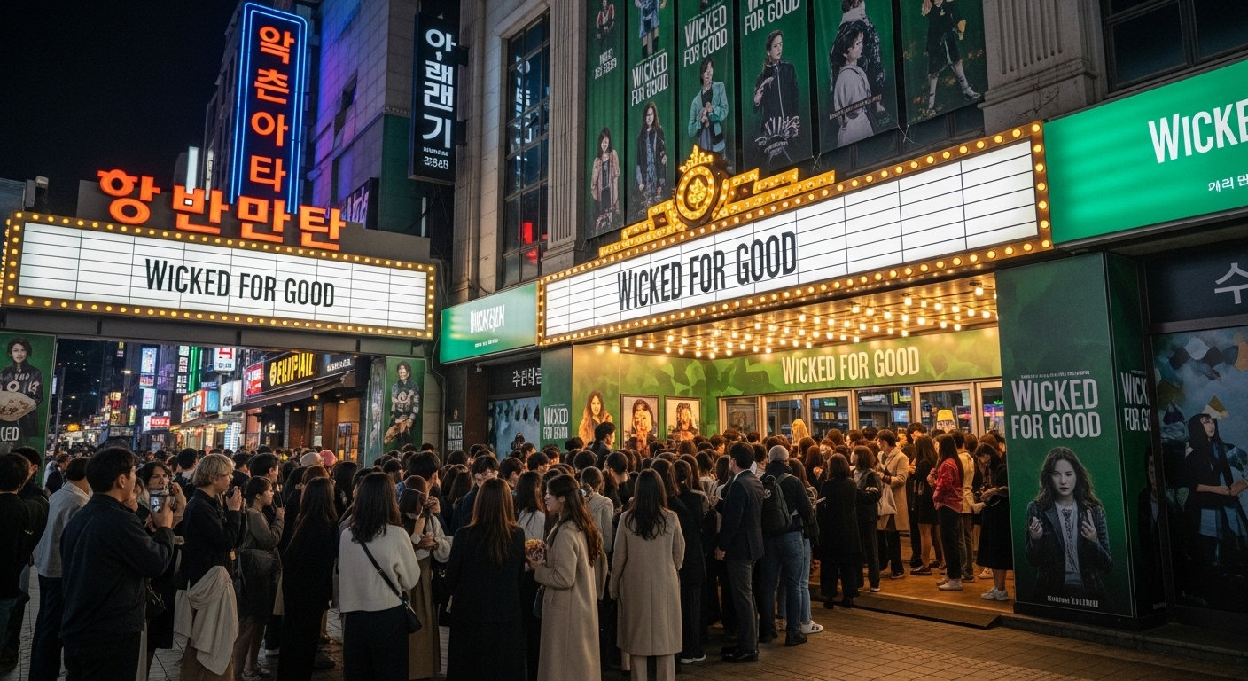 한국 영화관에서 초록색 장식과 함께한 '위키드 포굿'의 개봉 첫날 풍경