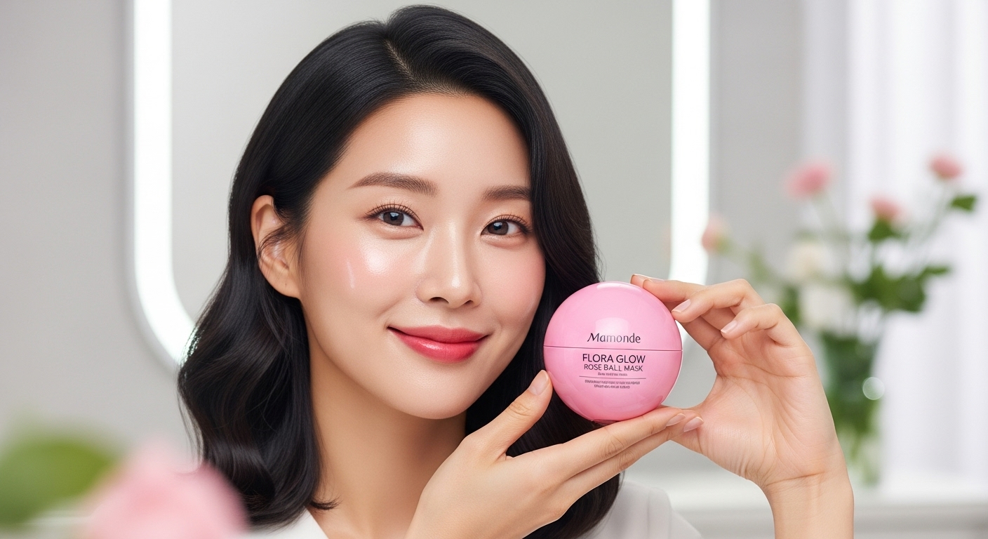현대적인 미용 환경에서 광채 피부를 자랑하며 마몽드 신제품을 든 여성