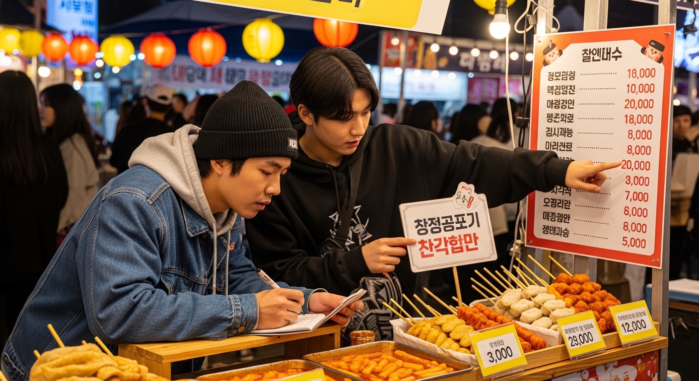 젊은 쇼핑객들이 페스티벌 부스에서 가격과 할인 정보를 메모하며 예산을 짜는 모습