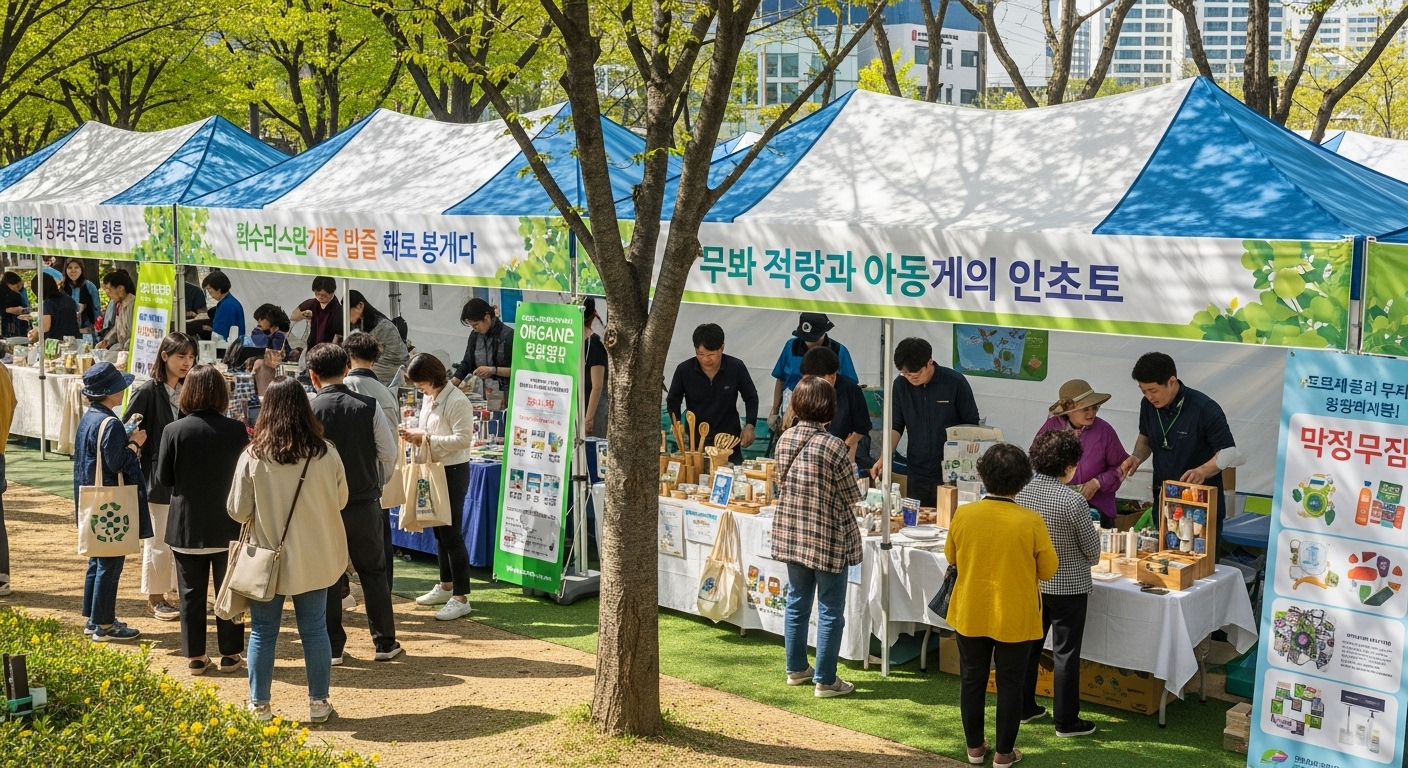 친환경 제품과 상호작용하는 다양한 사람들이 모인 활기찬 지역 행사