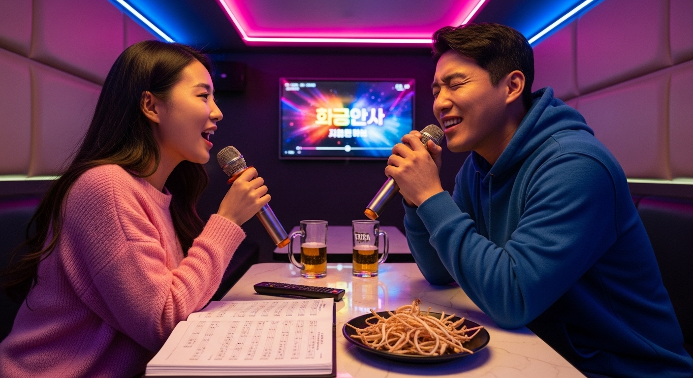 분위기 있는 노래방에서 열정적으로 노래하는 커플