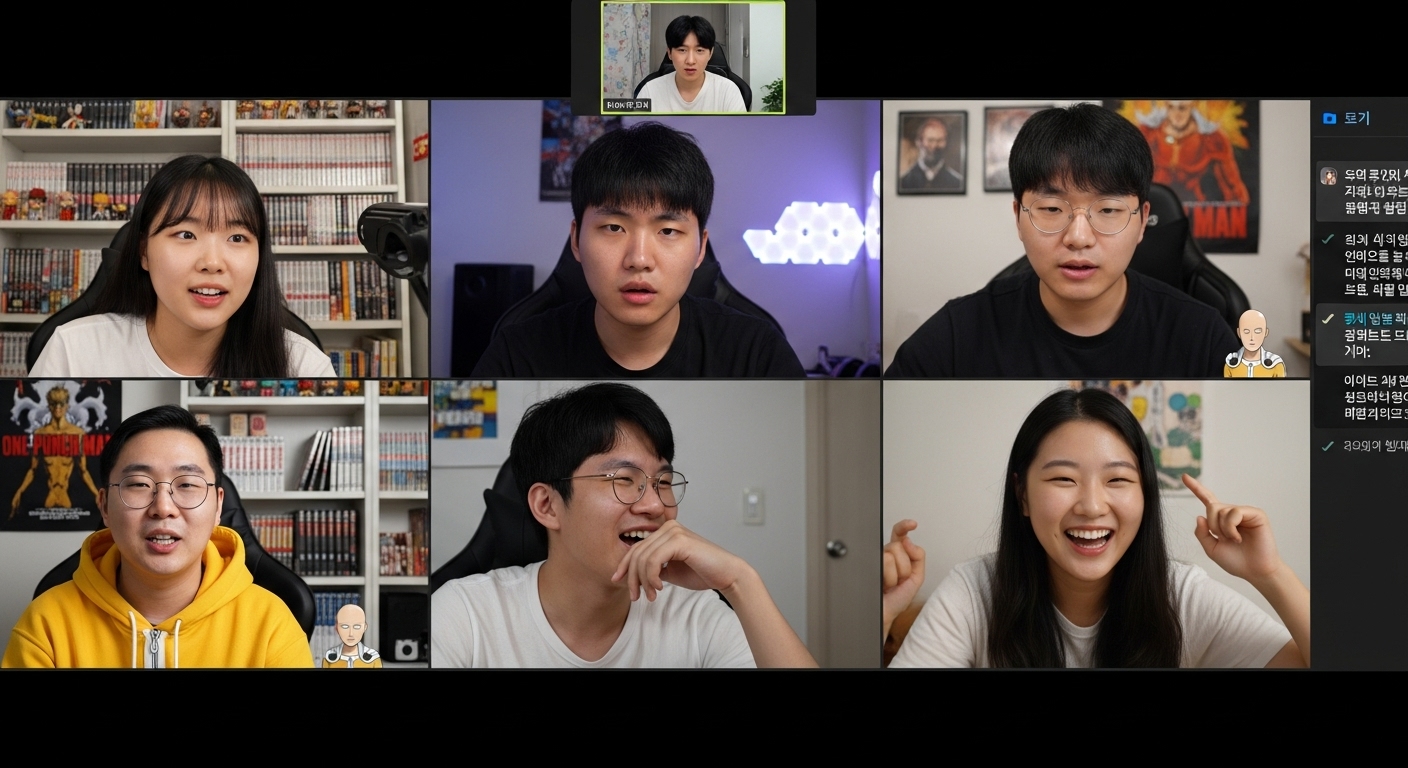 온라인 화상 통화를 통해 원펀맨에 대한 다양한 의견을 나누는 한국 팬들의 모습