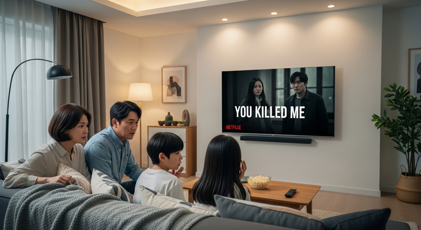 가족들이 거실에서 넷플릭스를 보며 다양한 감정을 느끼는 모습