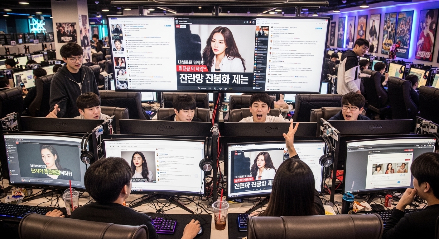 서울의 인터넷 카페에서 젊은 사람들이 연예계 스캔들에 대한 토론을 벌이고 있는 모습