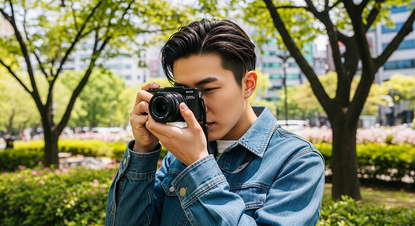 현대적인 젊은 성인이 도시 공원에서 리코 GR3x 카메라를 사용하는 모습