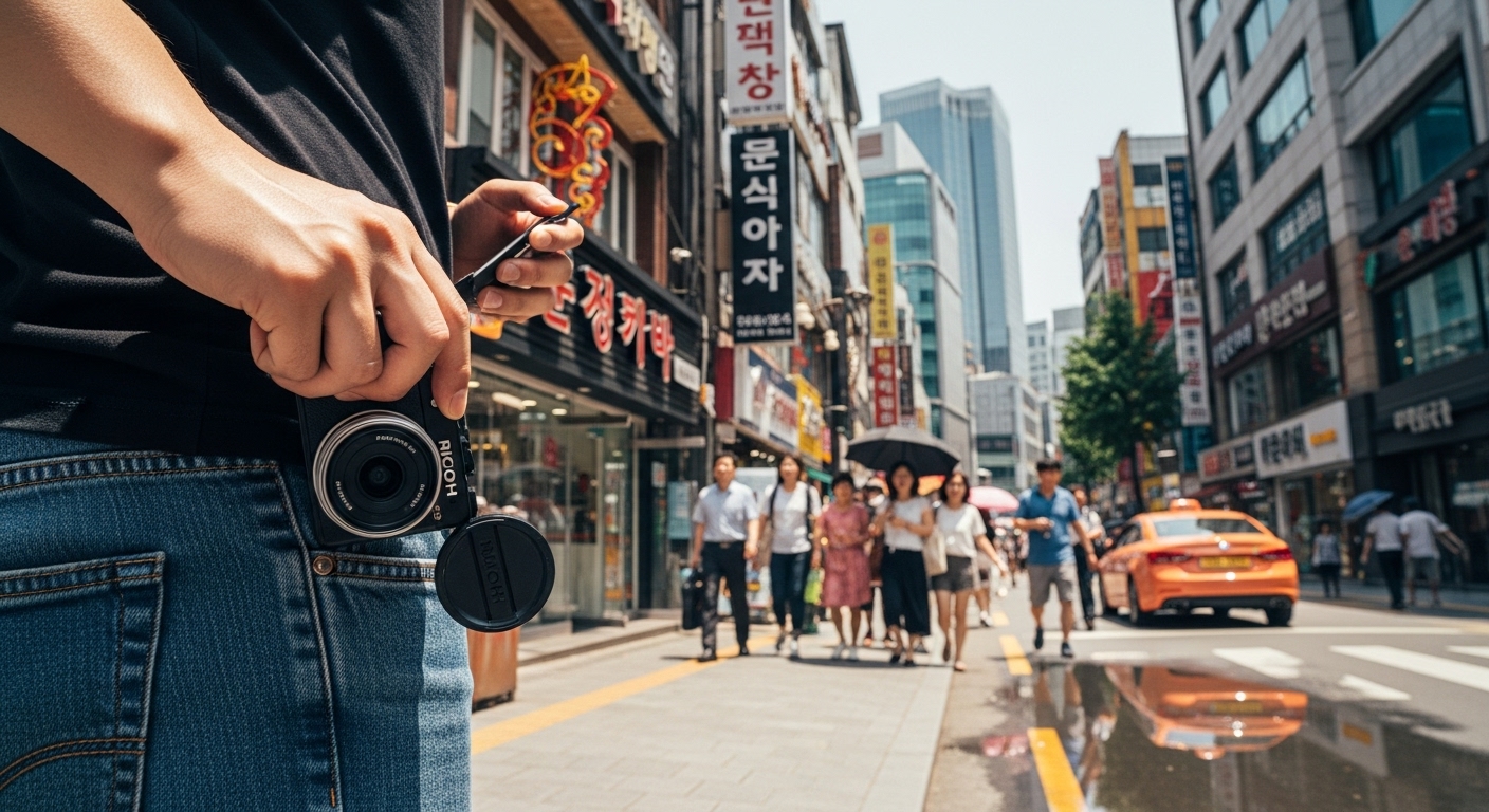 서울 거리에서 갑작스러운 순간을 포착하기 위해 주머니에서 카메라를 꺼내는 모습