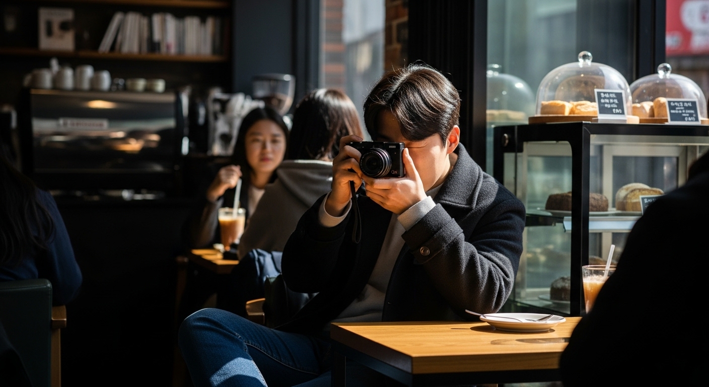 카페에서 자연스럽게 사진을 찍는 학생의 일상적인 모습