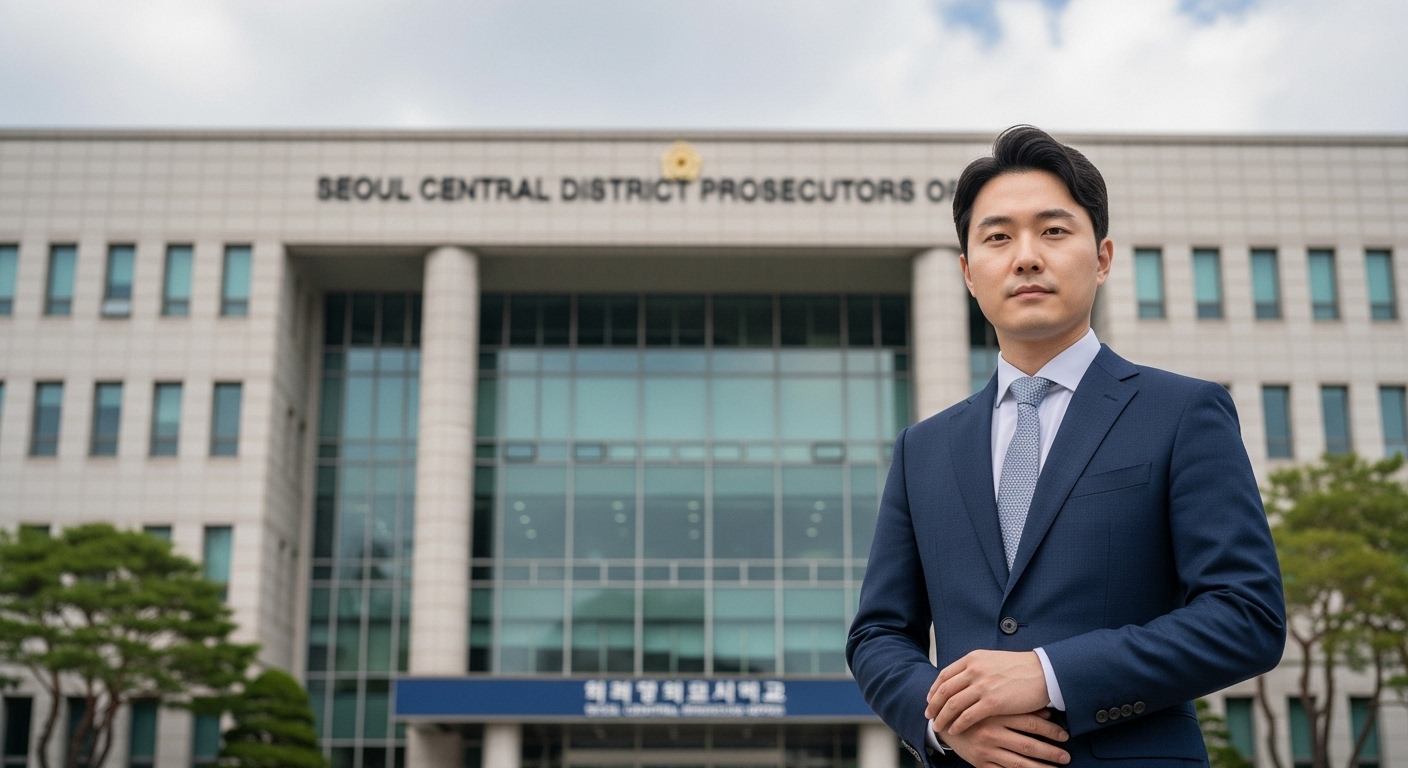 서울중앙지방검찰청 앞에서 포즈를 취하고 있는 한국인 검사