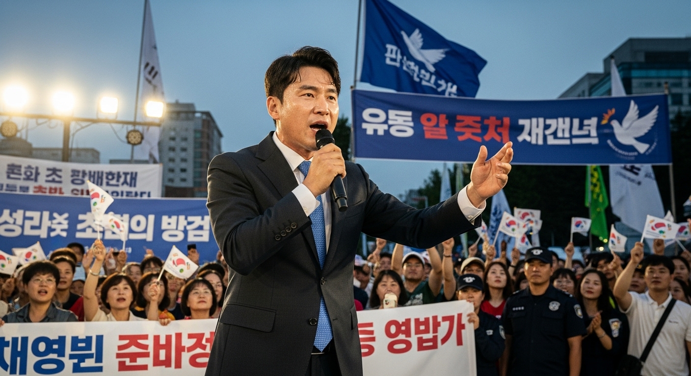 정치 집회에서 연설 중인 한국인 남성 변호사의 모습