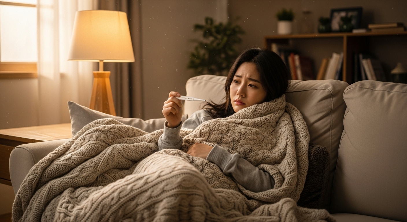 담요를 두르고 체온계를 들고 있는 여성의 오한 증상 장면
