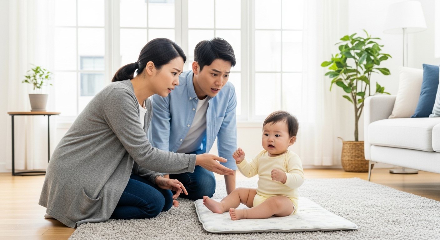 현대적인 가정 환경에서 아기의 갑작스러운 행동 변화를 지켜보는 부모