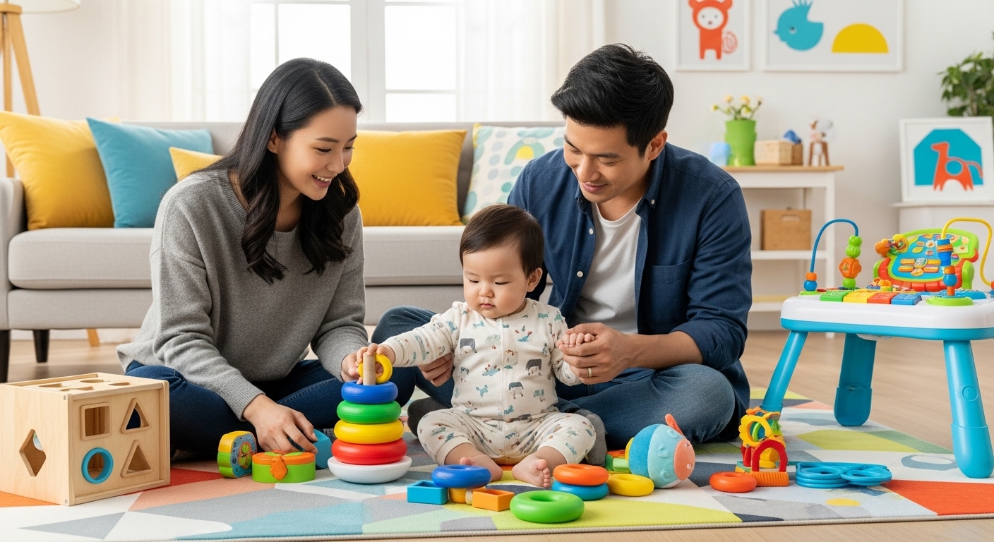 알록달록한 거실에서 교육용 장난감을 활용하여 아기와 상호작용하는 한국 부모
