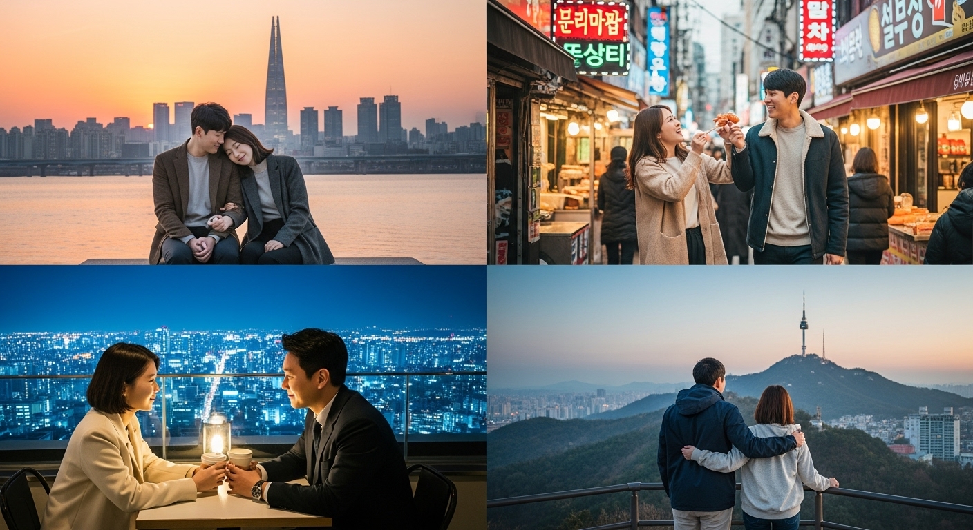 다양한 관계를 가진 현대 한국 커플들이 도시 배경 속에서 여러 장면을 보여주는 모습