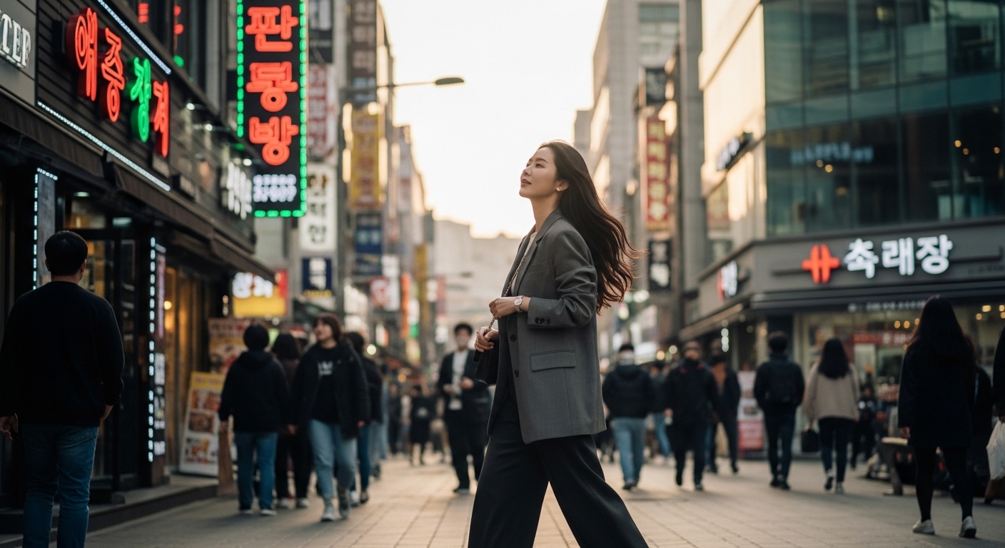 서울 거리에서 당당히 걷는 자신감 있는 여성의 모습