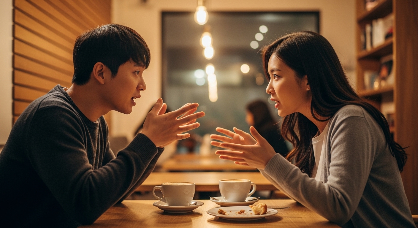 카페에서 열정적으로 대화를 나누고 있는 두 사람