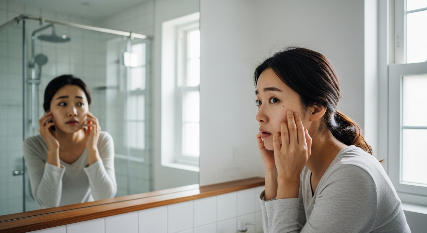 거울 앞에서 자신의 눈밑을 살피는 피곤한 표정의 여성