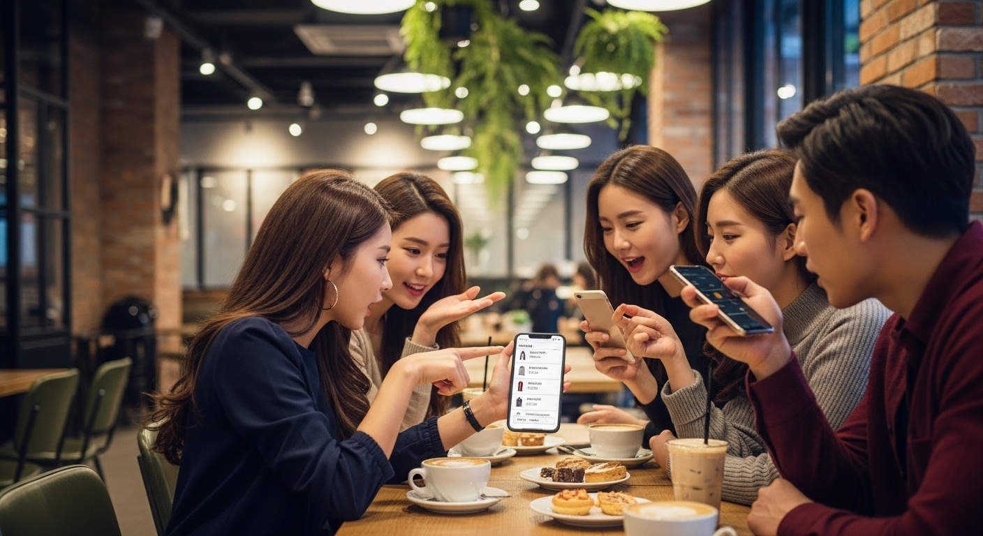 카페에서 친구들과 투표 행사 관련 인기 아이템에 대해 이야기 나누는 모습
