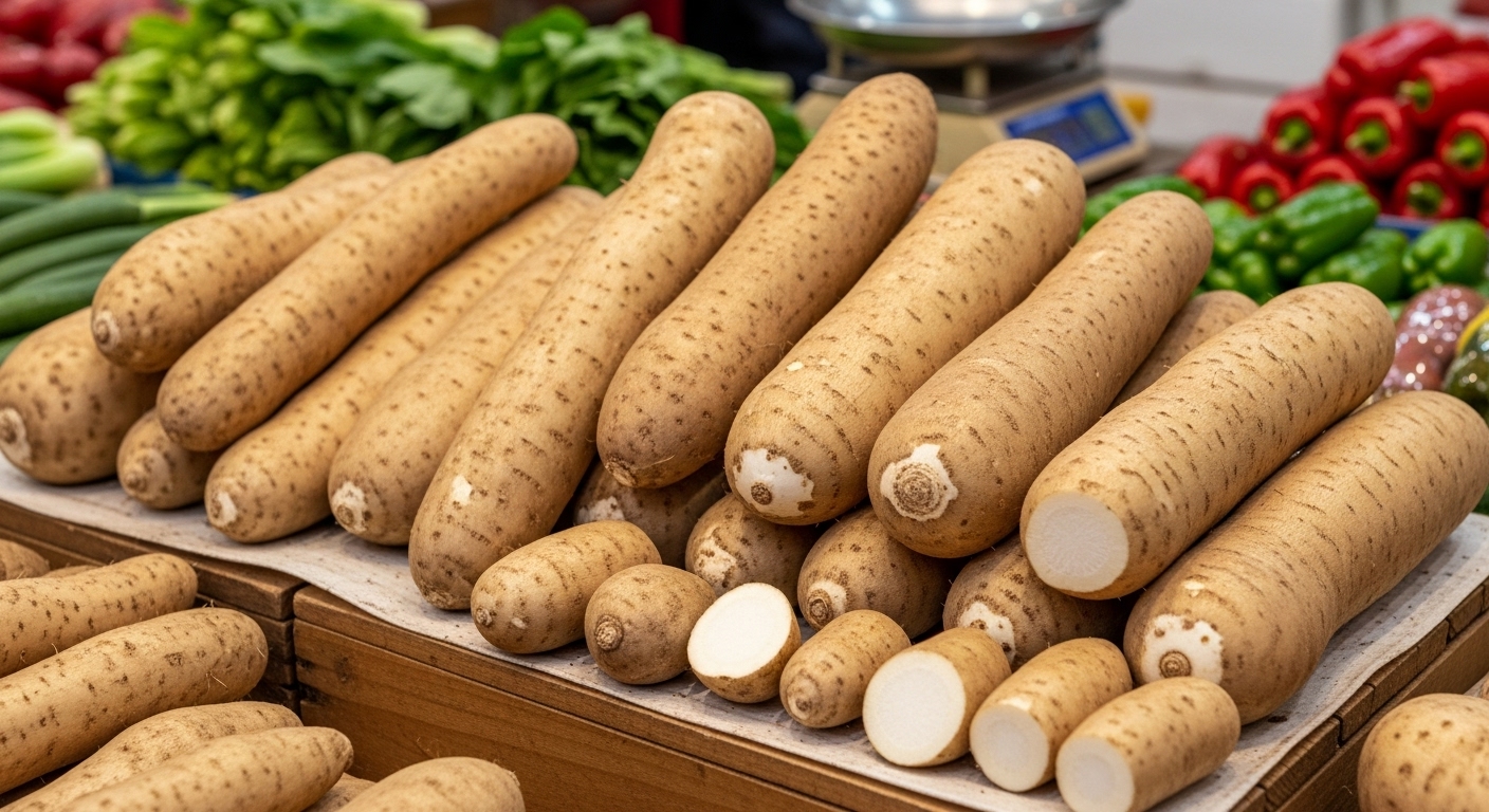 전통 시장 매대에 진열된 깨끗하고 단단한 신선한 한국산 하늘마