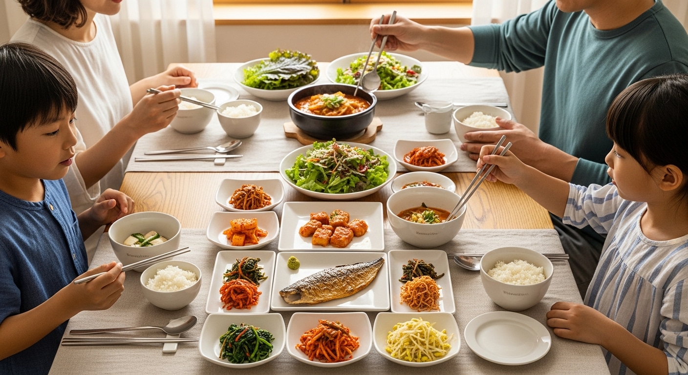 한국 가정 식탁에 차려진 일상적인 식사로서의 하늘마 요리들