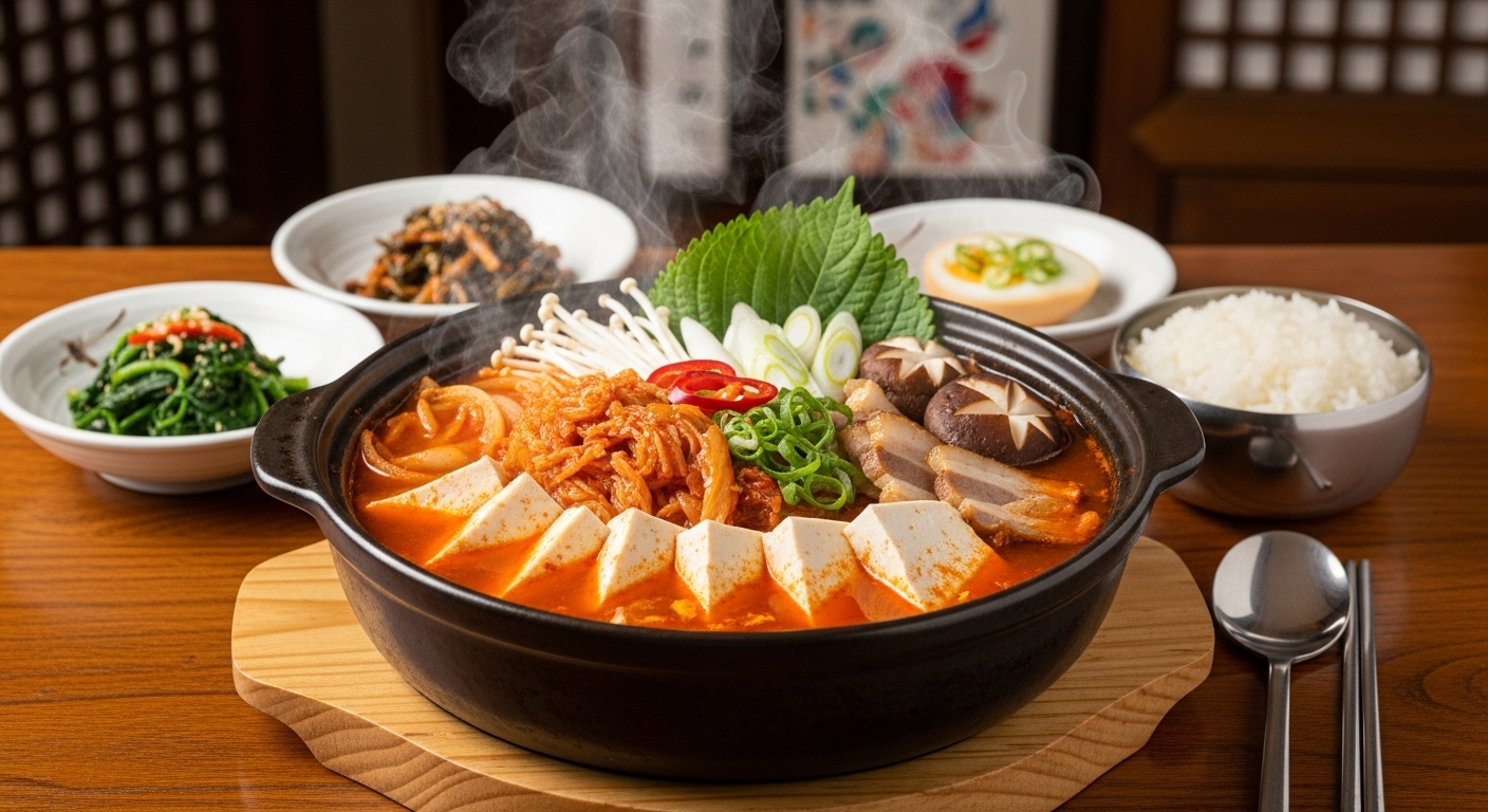 따뜻한 국물에 하얀 두부가 든 두부두루치기가 한식당 테이블에 놓인 모습