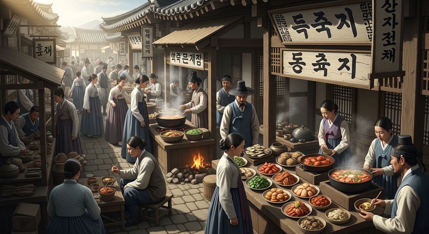 전통적인 음식점 간판과 음식을 파는 포장마차 주변의 사람들로 붐비는 거리
