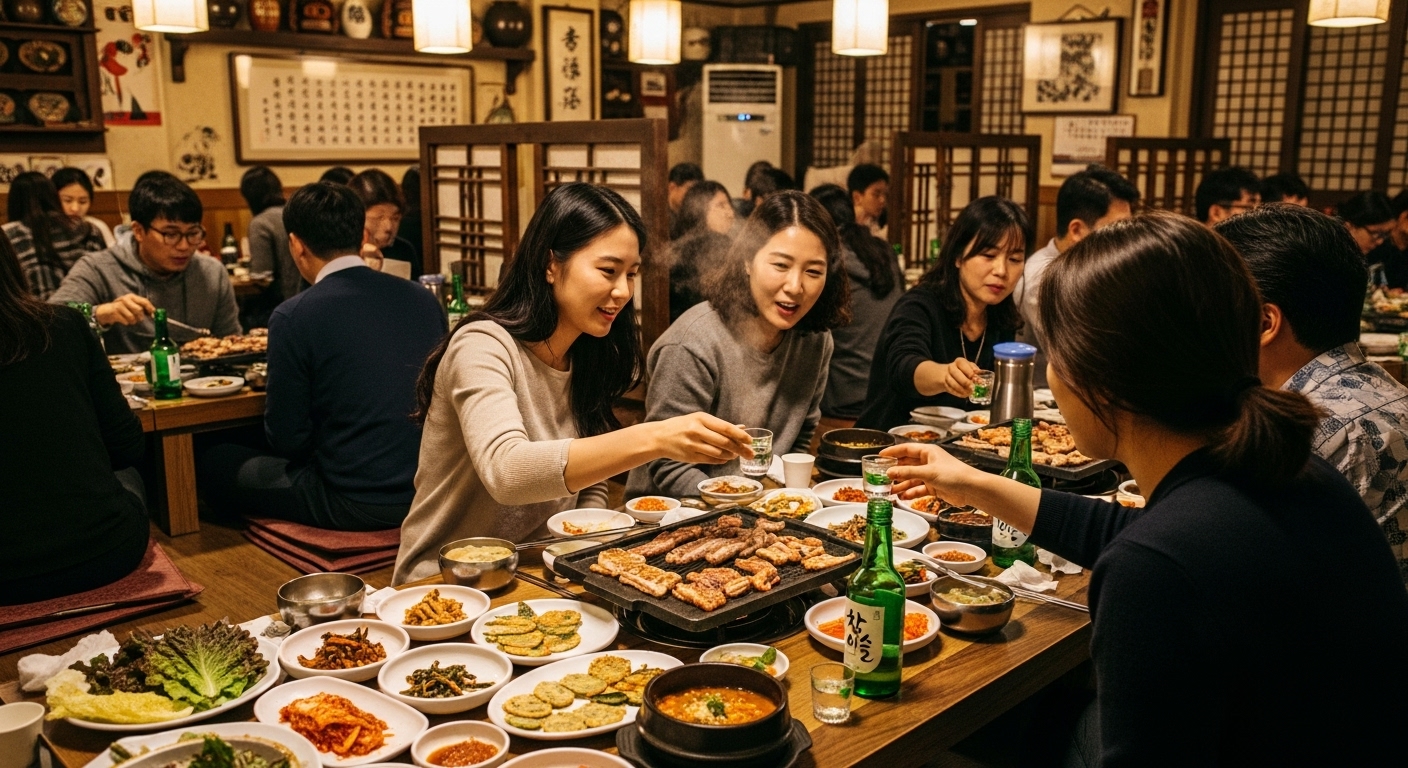 저녁 시간에 식당에서 소주와 함께 식사하는 사람들의 모습