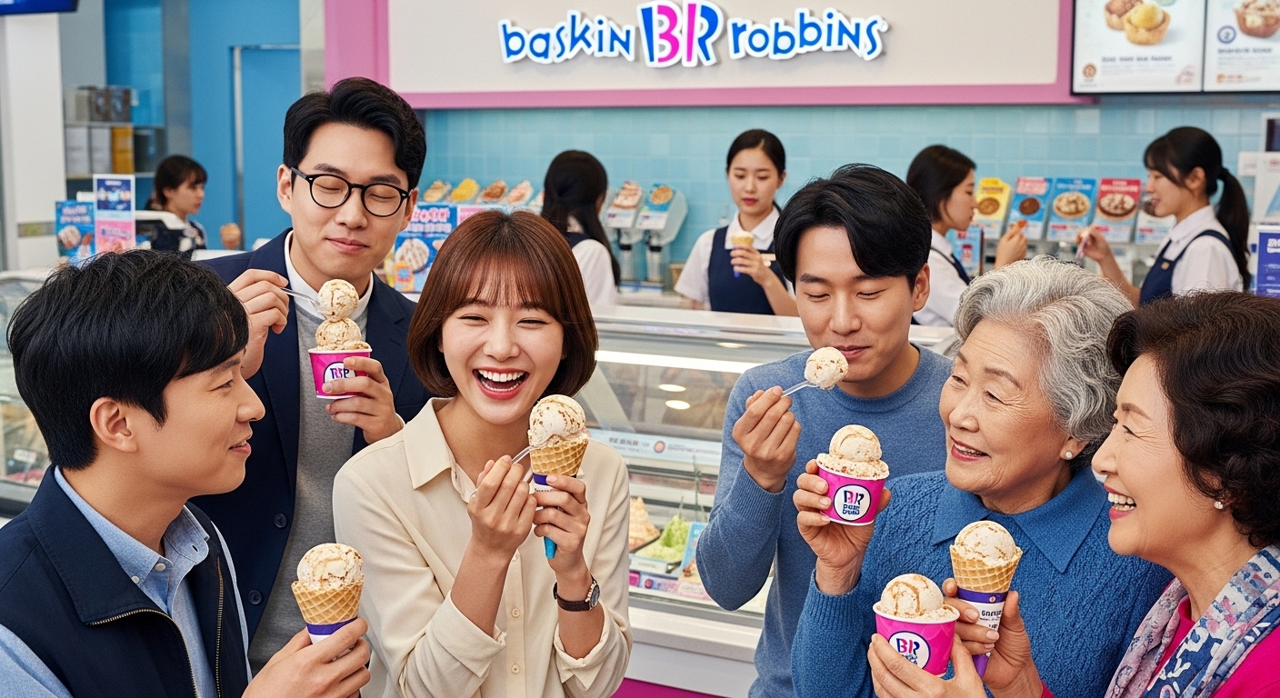 다양한 반응을 보이는 고객들이 붐비는 배스킨라빈스 매장에서 아이스크림을 즐기는 모습