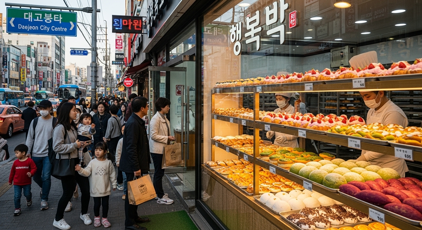 대전의 유명한 빵집 앞 풍경과 활기찬 거리 모습