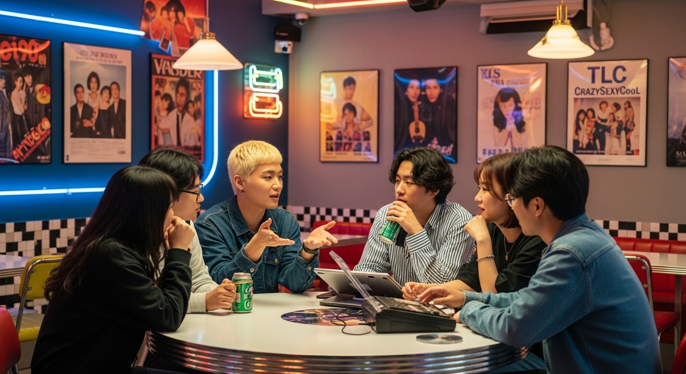 90년대 테마 카페에서 TLC의 노래 'Creep'에 대해 토론하는 음악 팬들