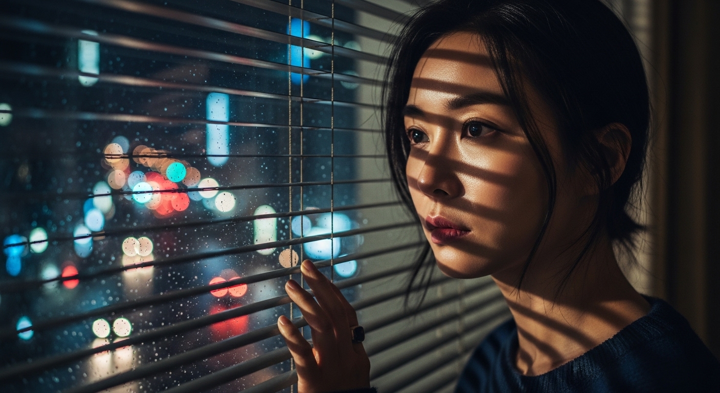 창문을 통해 도시 야경을 보며 복잡한 감정을 느끼는 여성