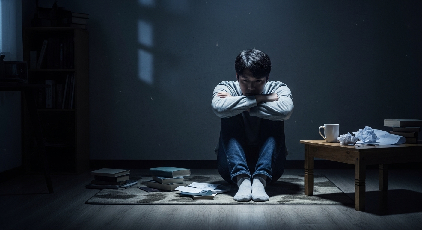어두운 방에서 홀로 앉아 있는 외로운 사람의 모습
